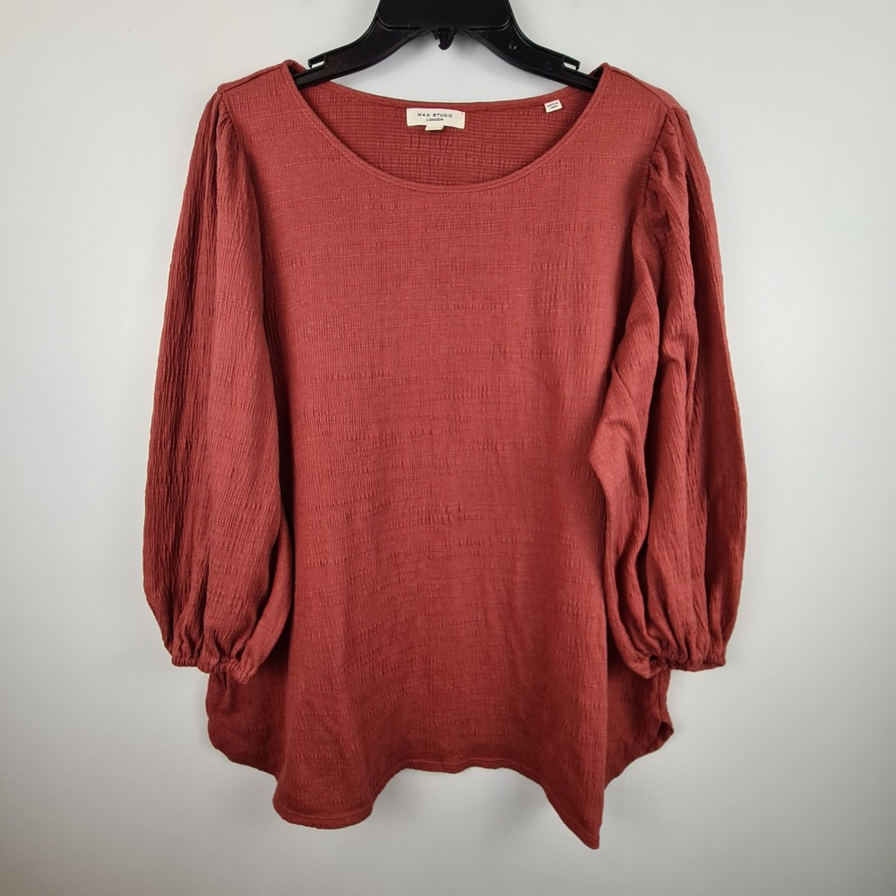 Max Studio London Womens 1X Rust Crinkle Gauze Balloon Sleeve Top Fall Earthy